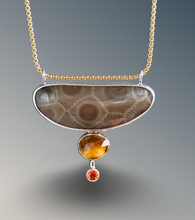 Load image into Gallery viewer, Connected Petoskey Stone and Citrine Necklace with Padparadscha Sapphire
