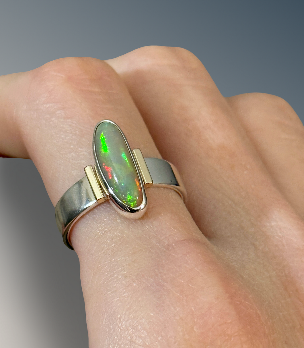 Welo Opal Statement Ring with Gold Bars