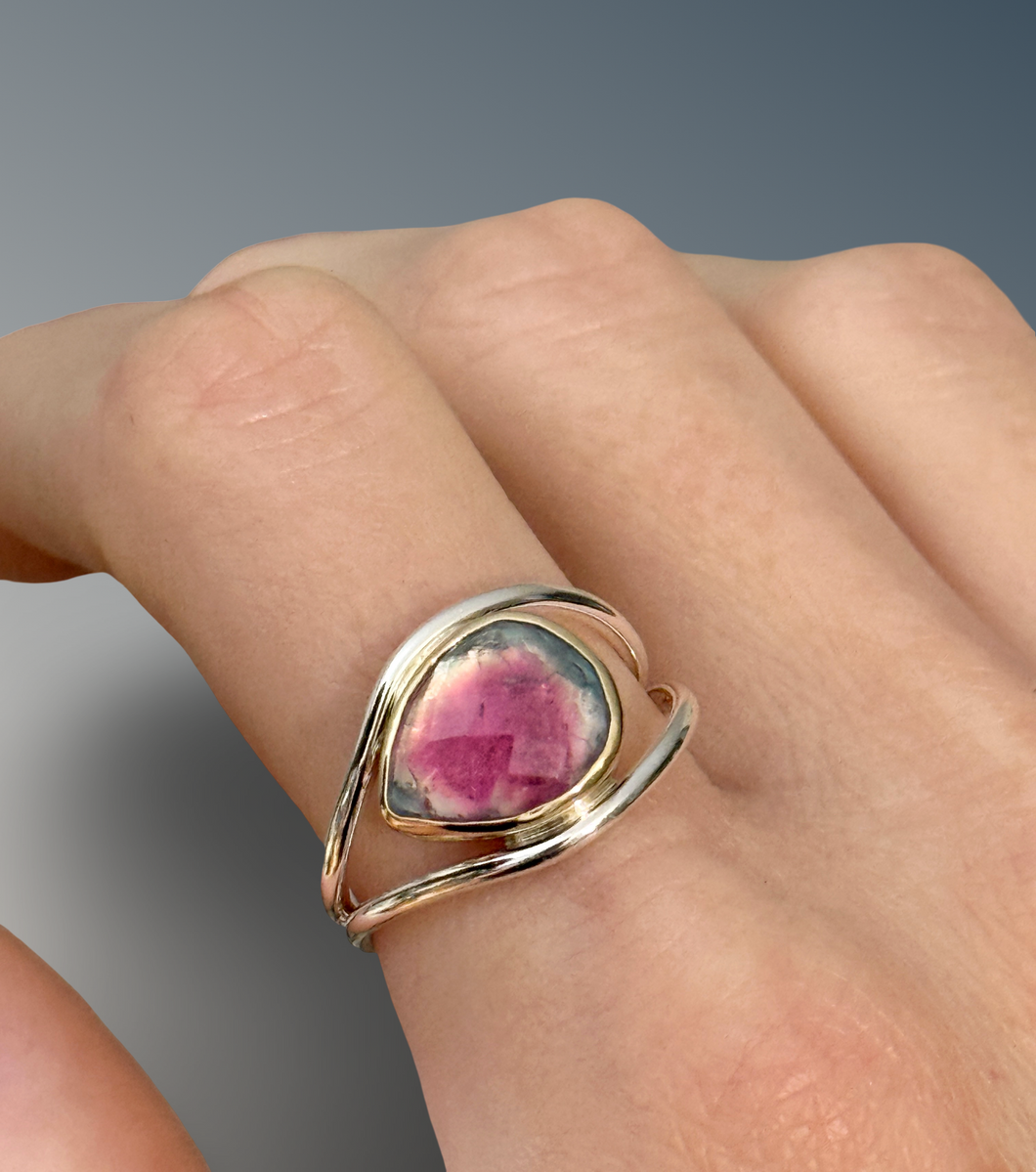 Split Curved Bicolor Tourmaline Statement Ring