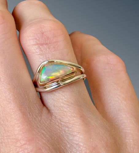 Split Curved Geometric Welo Opal Ring