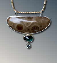 Load image into Gallery viewer, Connected Petoskey Stone and Indicolite Tourmaline Statement Necklace with Montana Sapphire