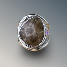 Load image into Gallery viewer, Layered Petoskey Stone Statement Ring with Amethyst
