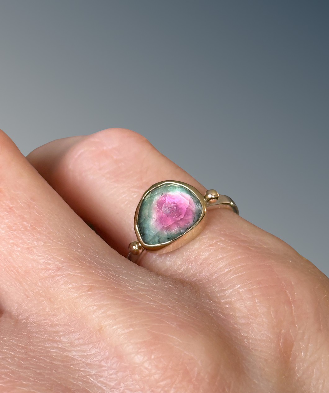 Watermelon Tourmaline Ring with Gold Beads