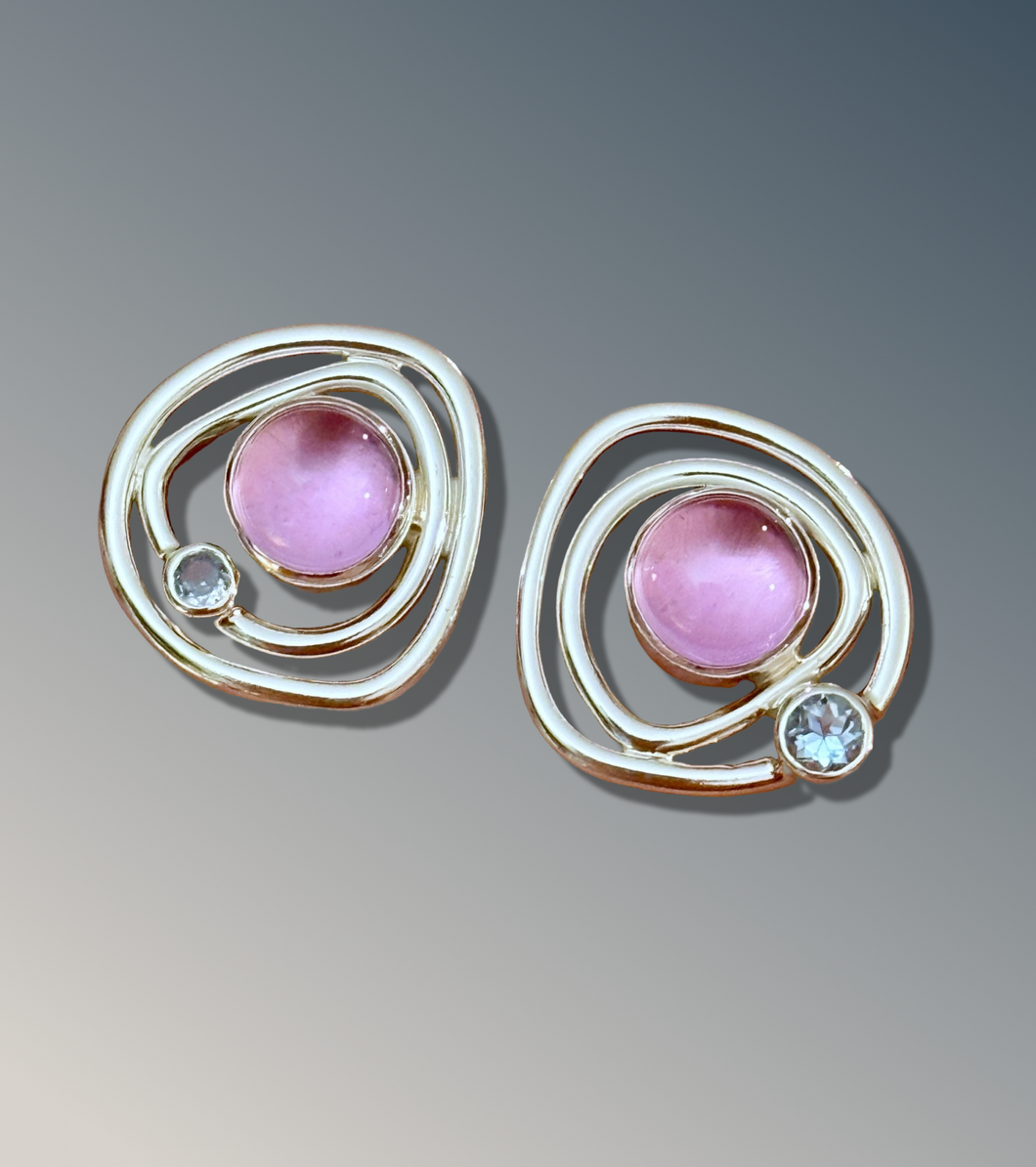 Mini Layered Organic Pink Sapphire Studs with Swiss Topaz