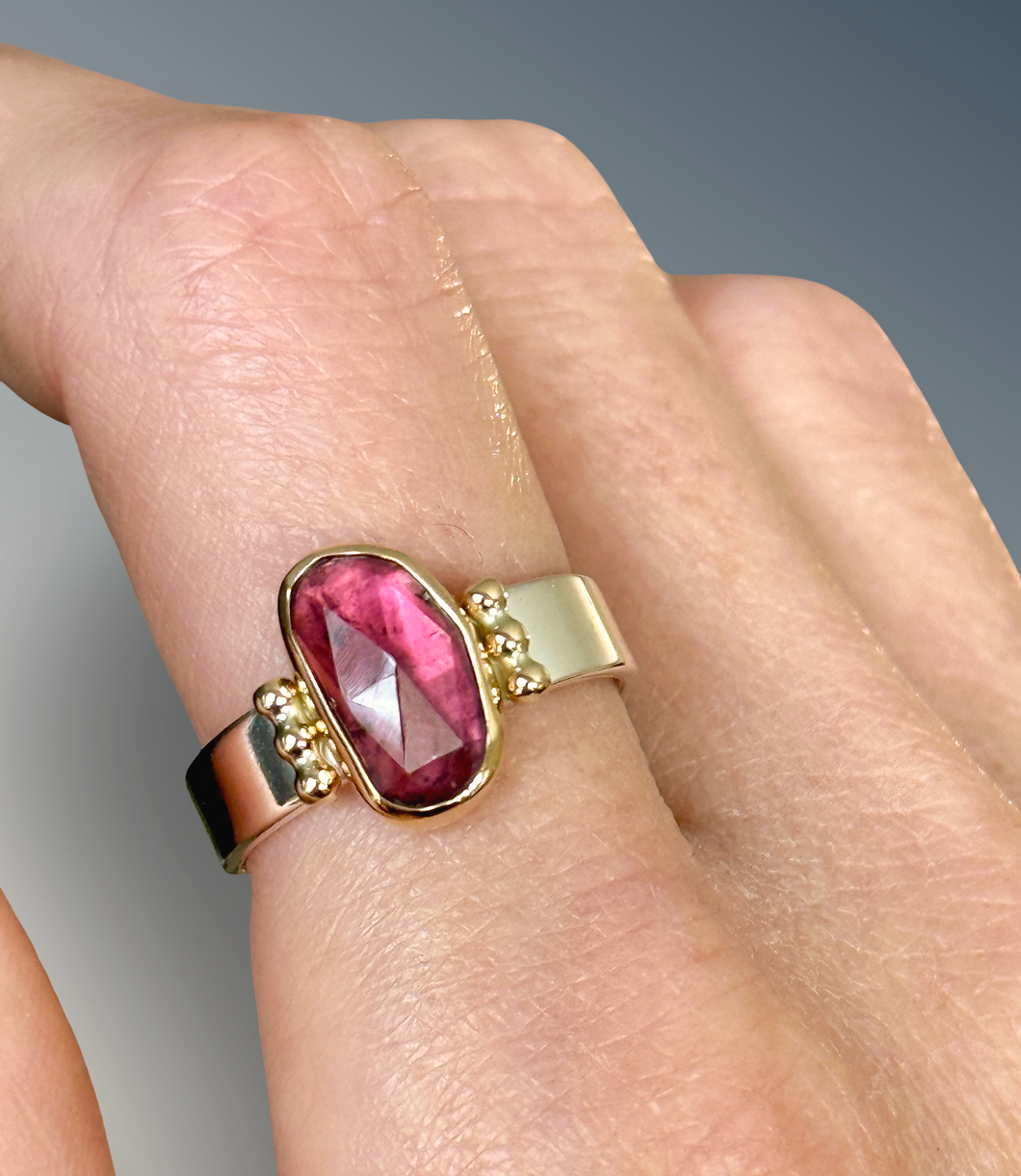 Pink Tourmaline Statement Ring with Gold Beads