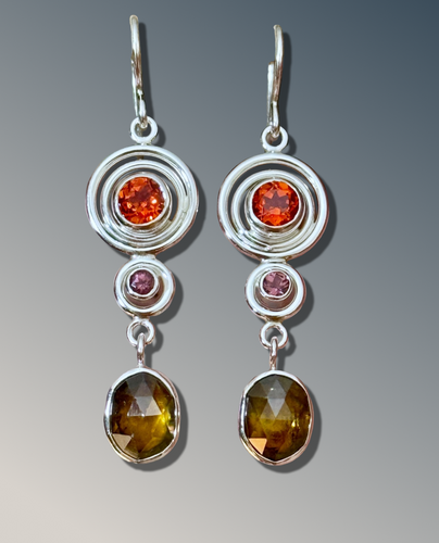 Padparadscha Sapphire, Rose Zircon and Sphene Circle Dangle Statement Earrings