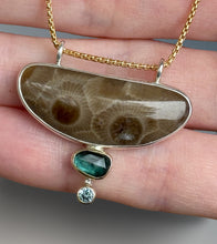 Load image into Gallery viewer, Connected Petoskey Stone and Indicolite Tourmaline Statement Necklace with Montana Sapphire