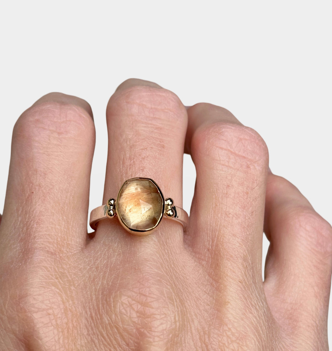 Oregon Sunstone Ring with Gold Beads