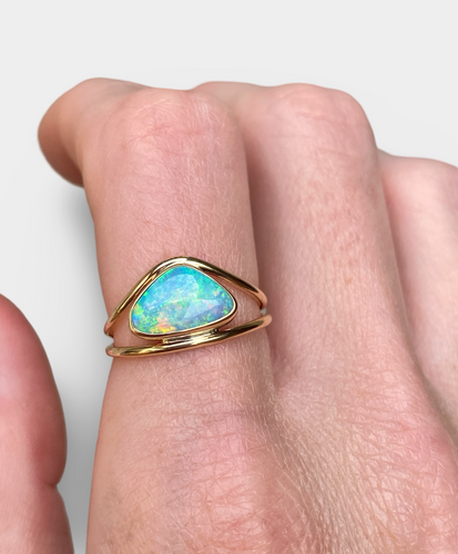 Gold Australian Opal Curved Split Ring