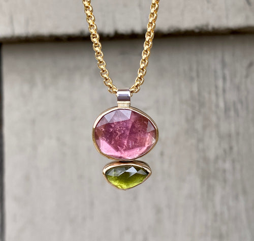 Connected Pink Tourmaline and Peridot Necklace
