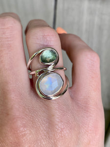 Green Apatite and Moonstone Swirl Ring