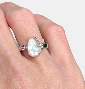 Moonstone with Pink Tourmaline Statement Ring