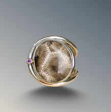 Load image into Gallery viewer, Layered Petoskey Stone with Amethyst Statement Ring