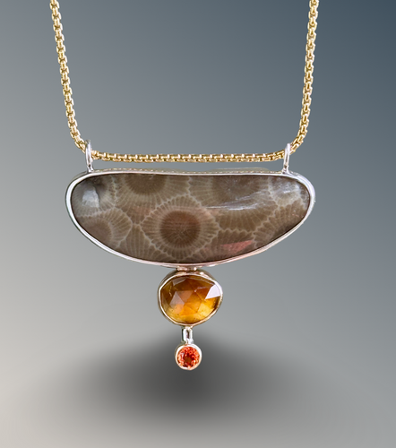 Connected Petoskey Stone and Citrine Necklace with Padparadscha Sapphire