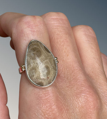Petoskey Stone Statement Ring with Gold Beads