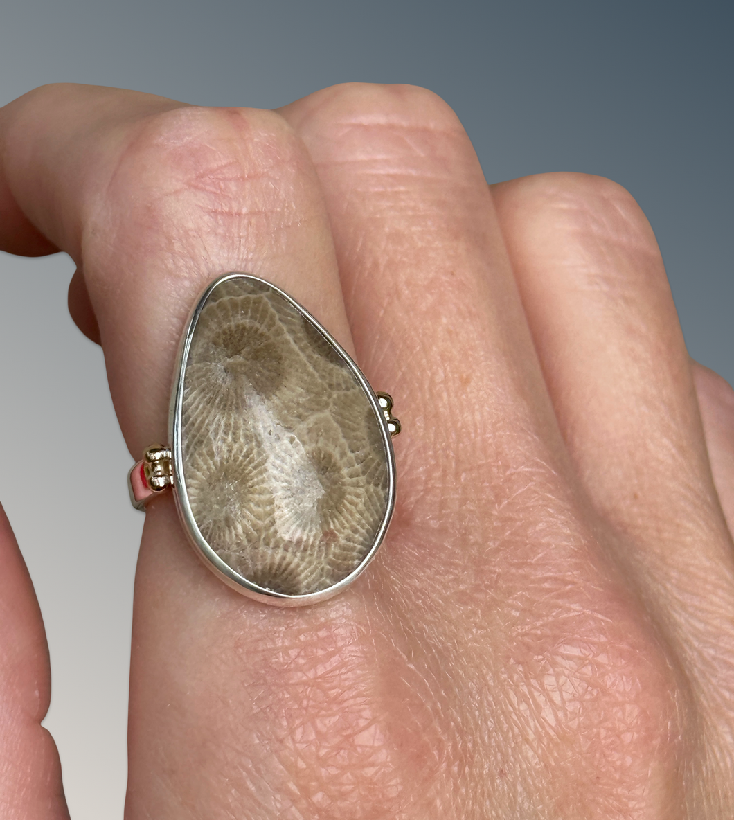 Petoskey Stone Statement Ring with Gold Beads