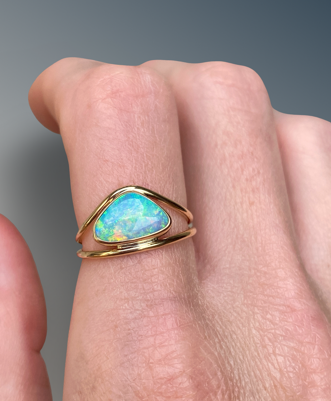 Gold Australian Opal Curved Split Ring