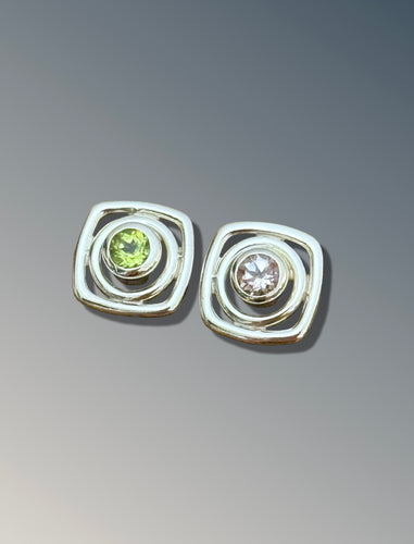 Mismatch Morganite and Peridot Layered Square Studs