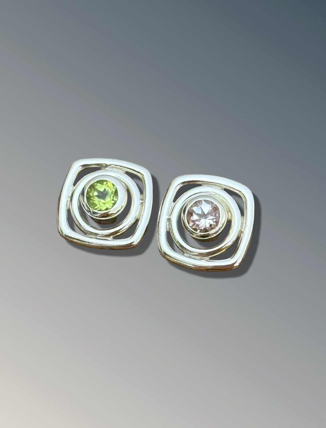 Mismatch Morganite and Peridot Layered Square Studs