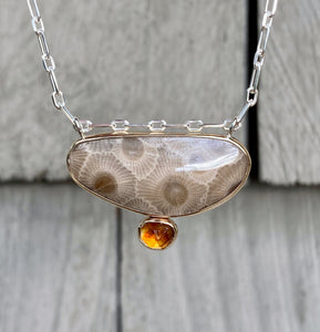 Connected Petoskey and Citrine Statement Necklace