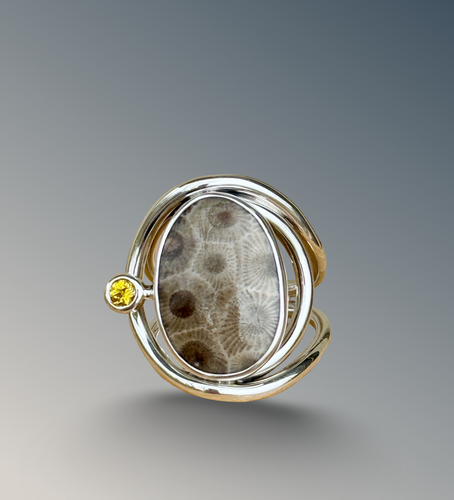 Layered Petoskey Stone Statement Ring with Golden Topaz