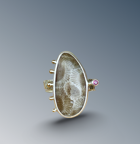 Petoskey Stone Statement Ring with Rhodolite Garnet