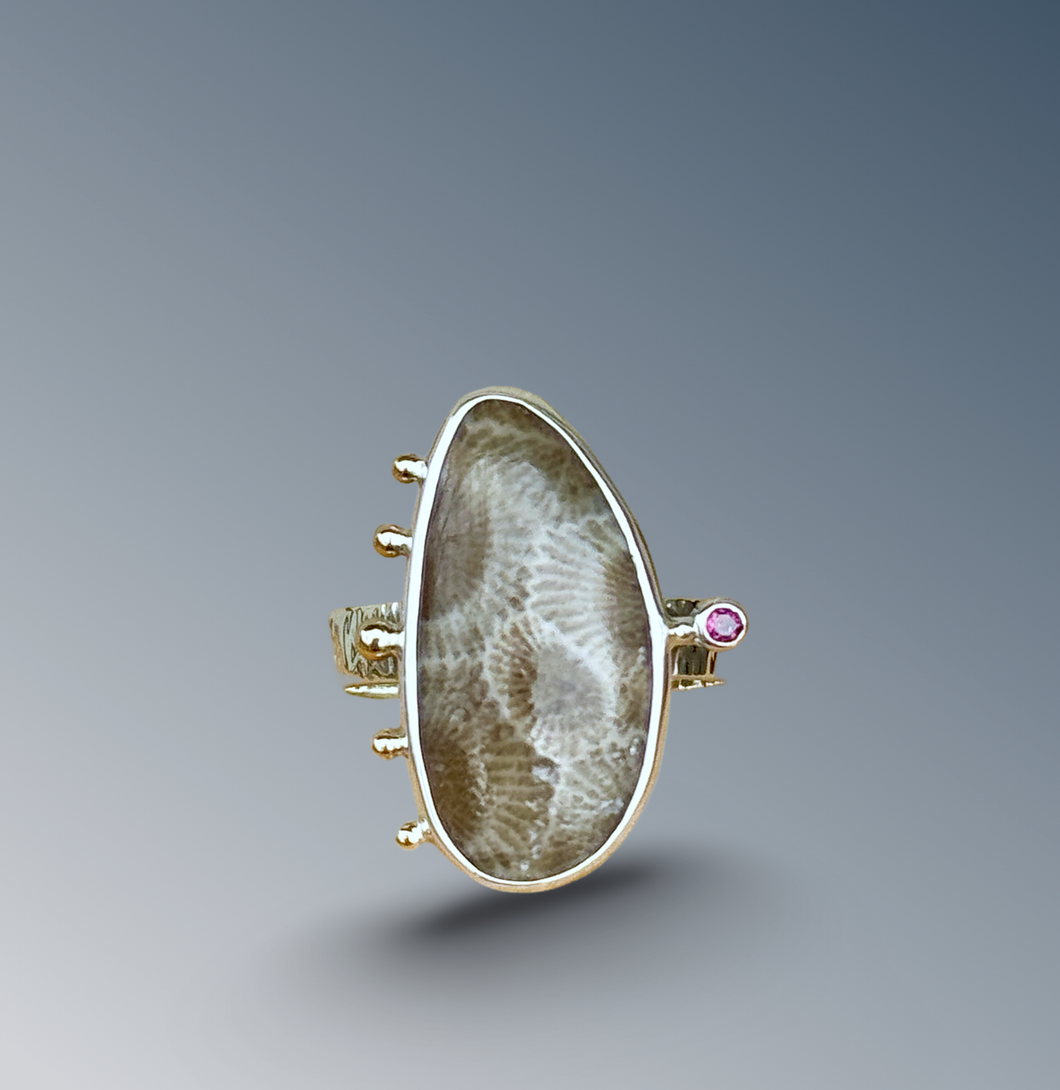 Petoskey Stone Statement Ring with Rhodolite Garnet
