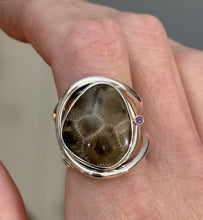 Load image into Gallery viewer, Layered Petoskey Stone Statement Ring with Amethyst