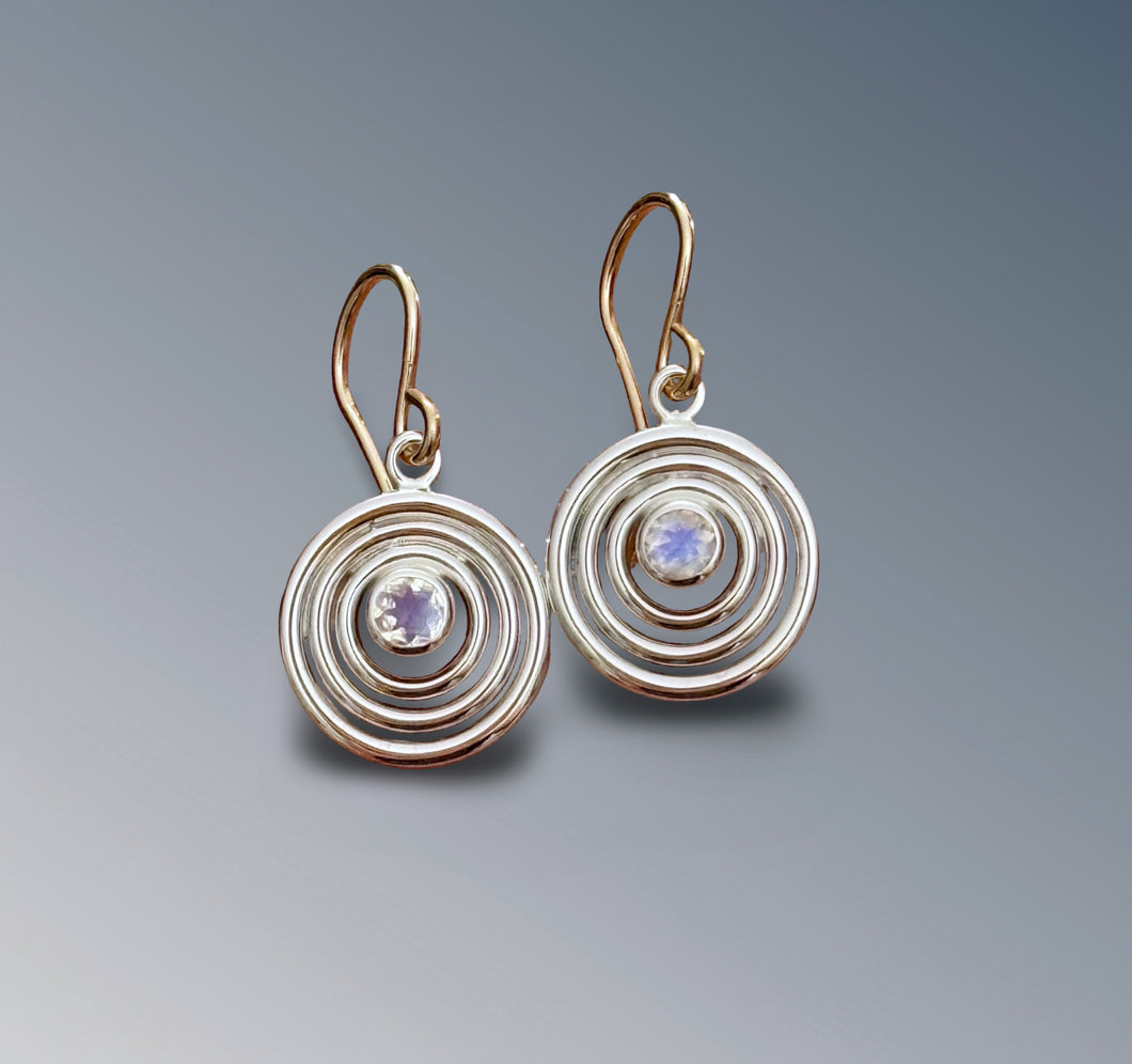 Rainbow Moonstone Layered Circle Dangle Earrings