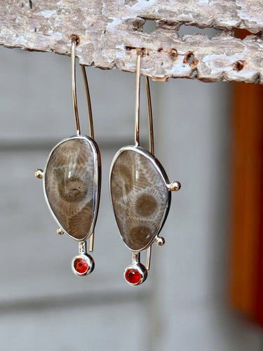 Petoskey Stone and Fire Opal Statement Drop Earrings