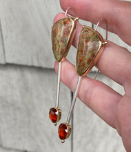 Load image into Gallery viewer, Unakite and Garnet Statement Pin Drop Earrings