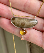 Load image into Gallery viewer, Connected Petoskey Stone and Citrine Necklace with Padparadscha Sapphire