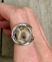 Load image into Gallery viewer, Layered Petoskey Stone with Amethyst Statement Ring