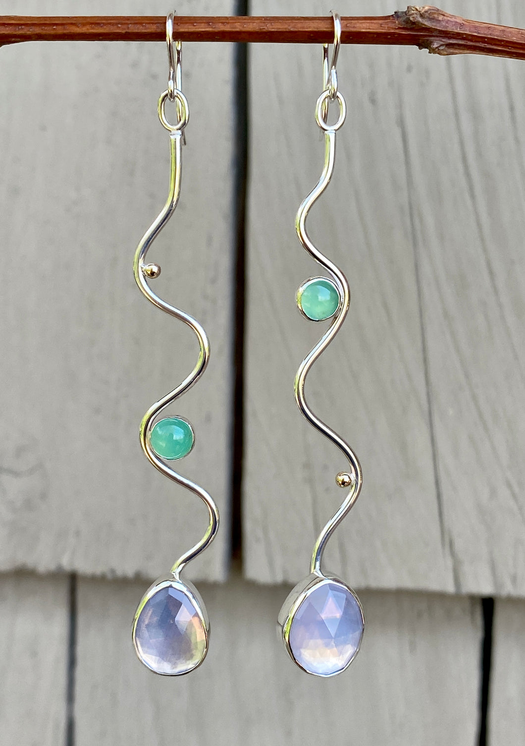 Lavender Quartz and Chrysoprase Elongated Squiggle Earrings