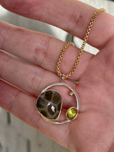 Load image into Gallery viewer, Petoskey Stone and Green Tourmaline Circle Necklace