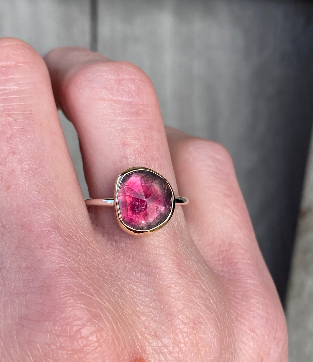 Simple Gold and Silver Pink Tourmaline Ring